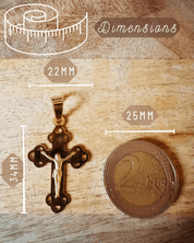 Croix "Verso l'alto" en or jaune 18 carats avec finition polie brillante et triple fleur ajourée - Maison Gabriel