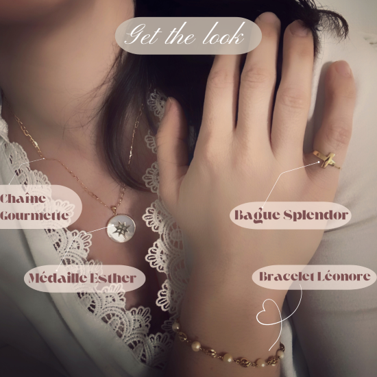 Pendentif "Esther" gravable, en nacre, bordure et étoile polaire en or 18 carats