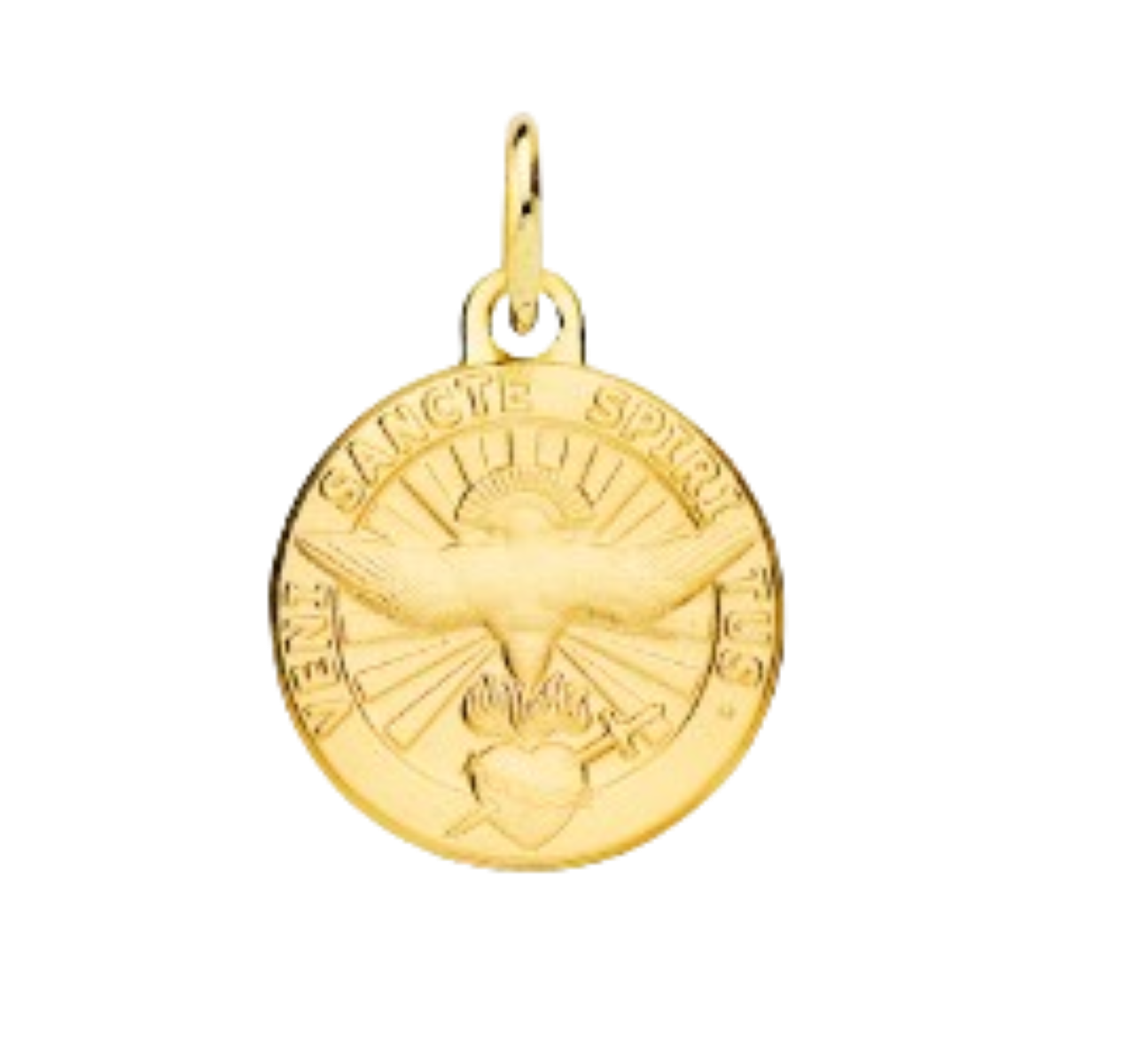 Médaille "Sancte Spiritus", Esprit Saint rayonnant et Coeur Sacré, gravable, en or 18 carats