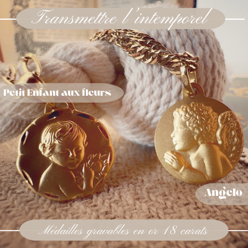 Pendentif "Petit enfant aux fleurs", gravable, facetté en or 18 carats