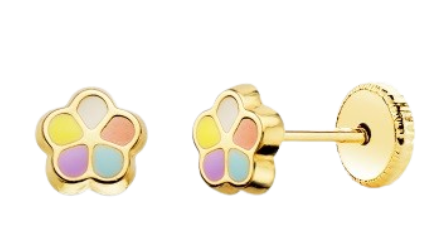 Puces d'oreilles "April", pour enfants, en or 18 carats et émail pastel, fermoir  à vis