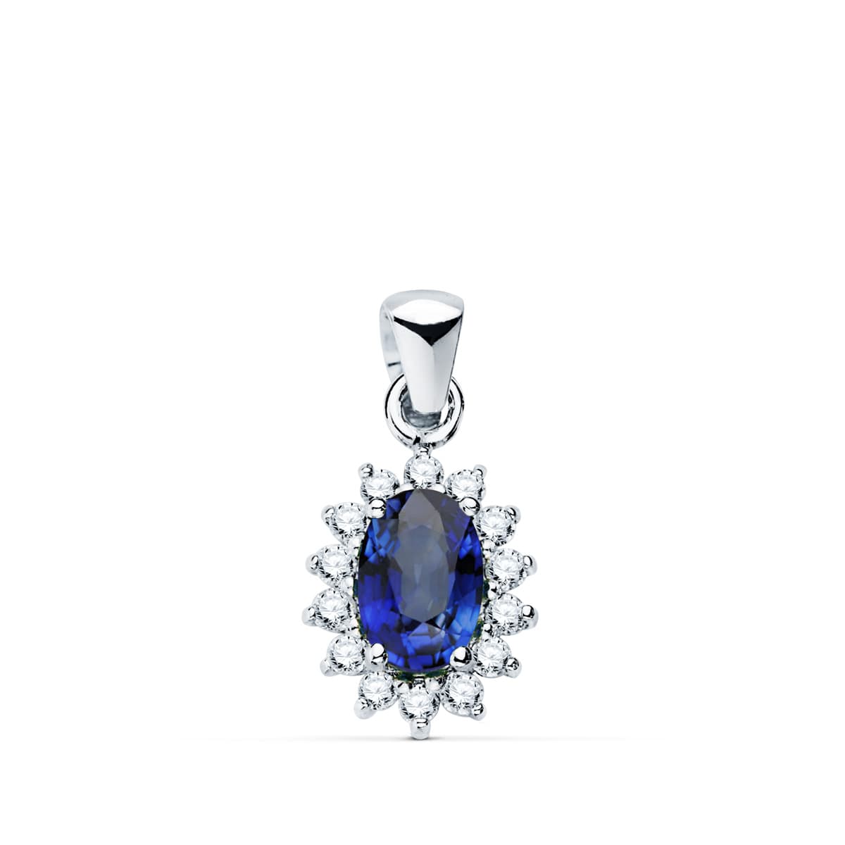 Pendentif "Princess Kate" en or blanc 18 carats avec saphir et 14 diamants