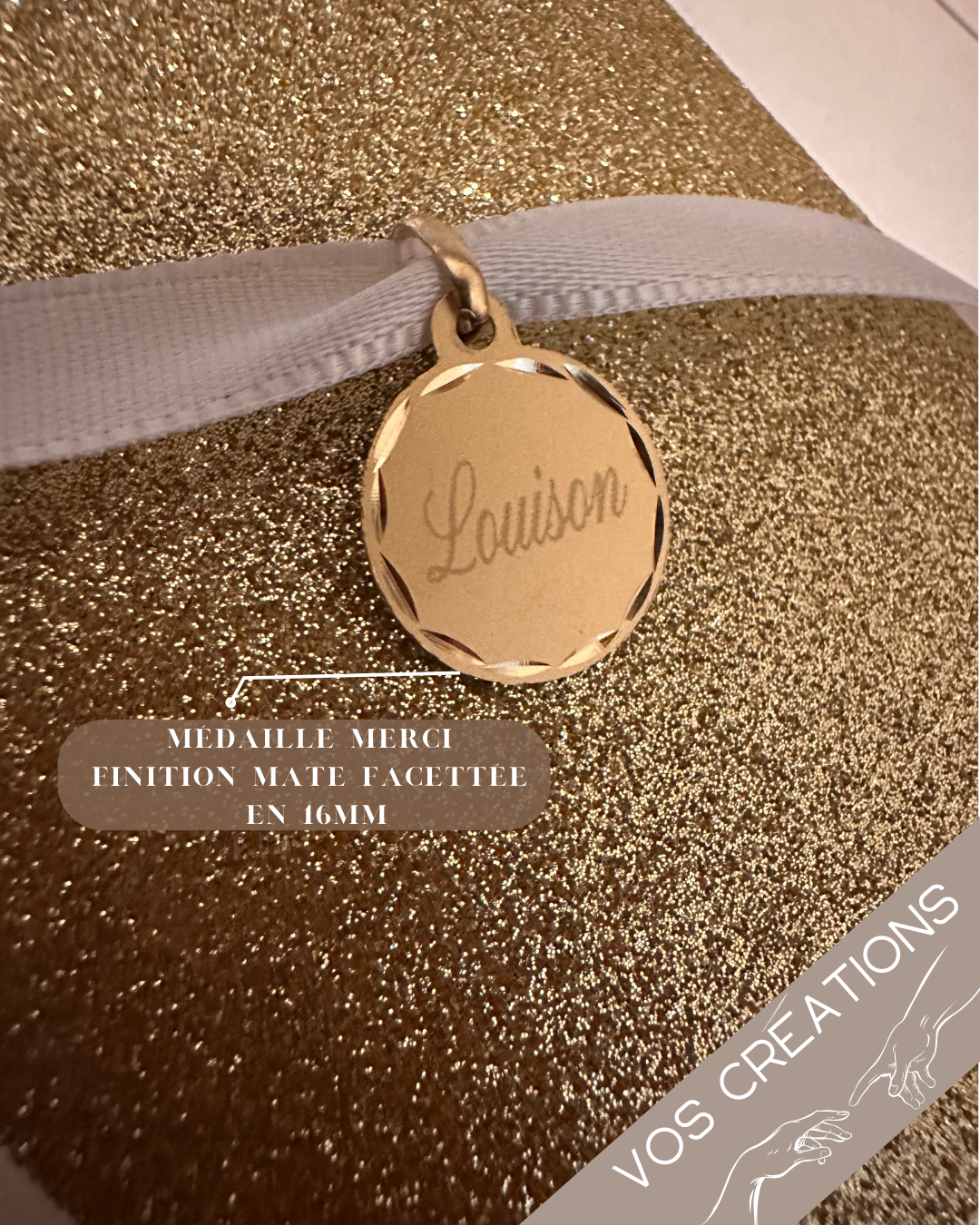 Médaille ou jeton "Merci" à graver, en or jaune 18 carats finition mate ou polie brillante