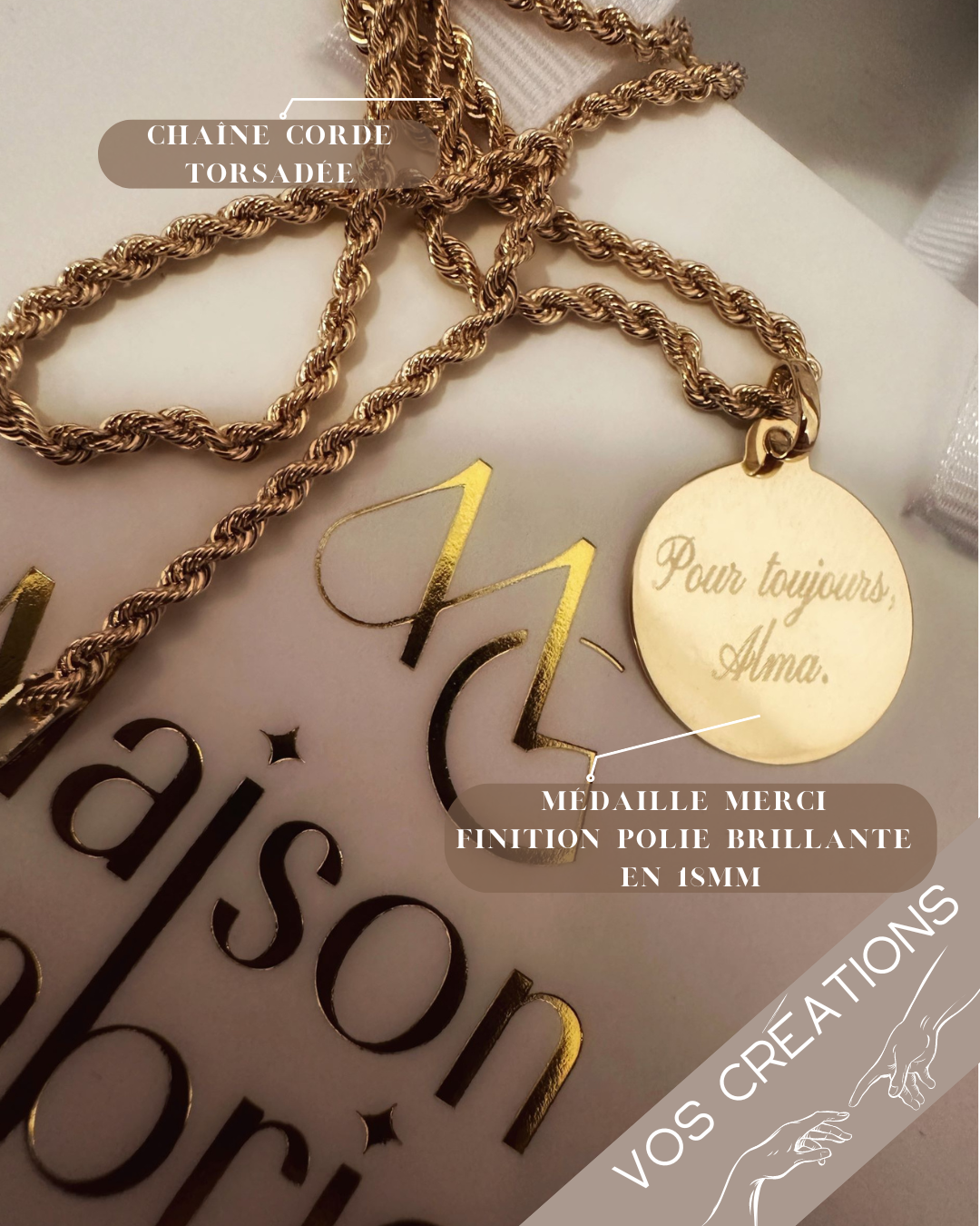 Médaille ou jeton "Merci" à graver, en or jaune 18 carats finition mate ou polie brillante