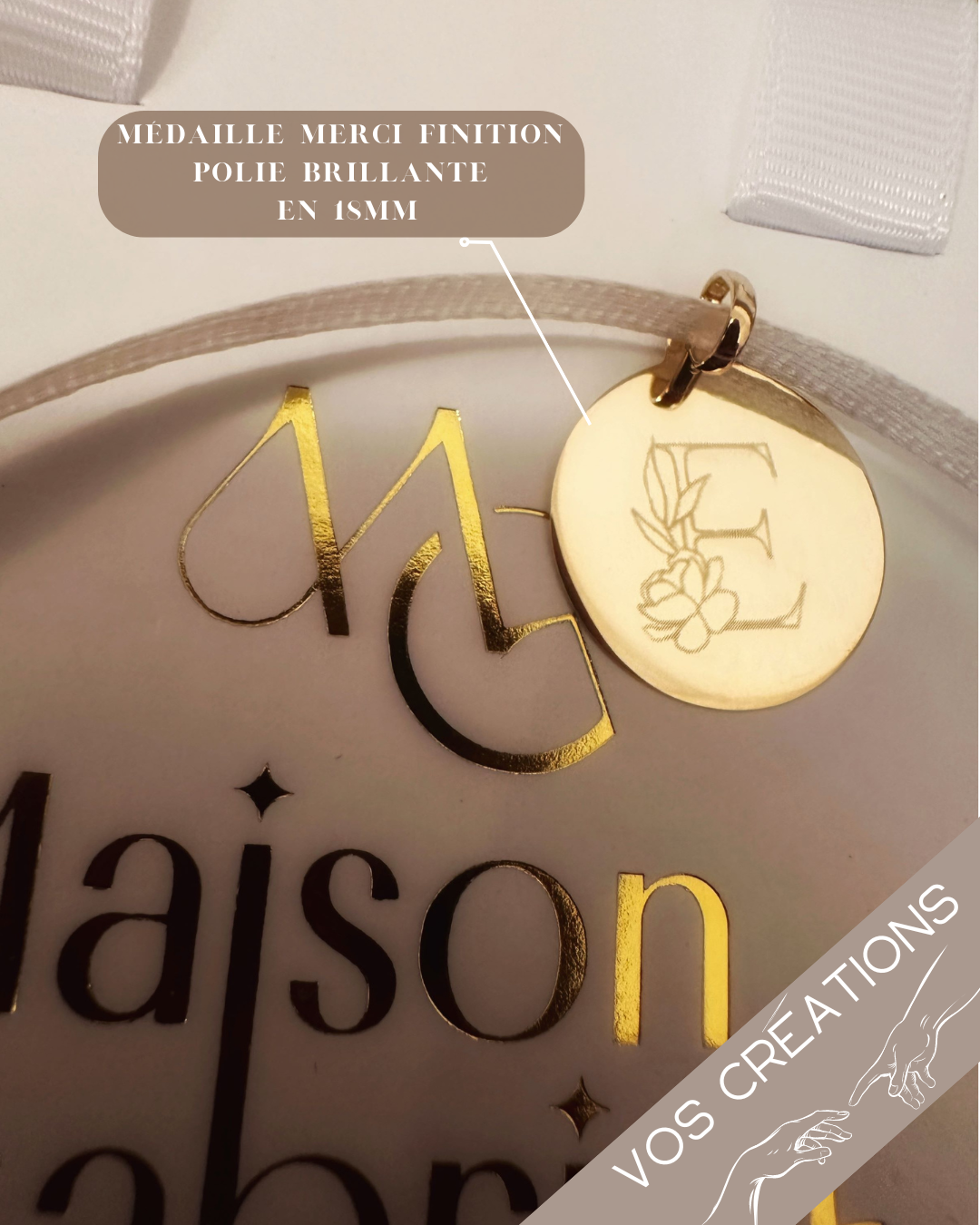 Médaille ou jeton "Merci" à graver, en or jaune 18 carats finition mate ou polie brillante