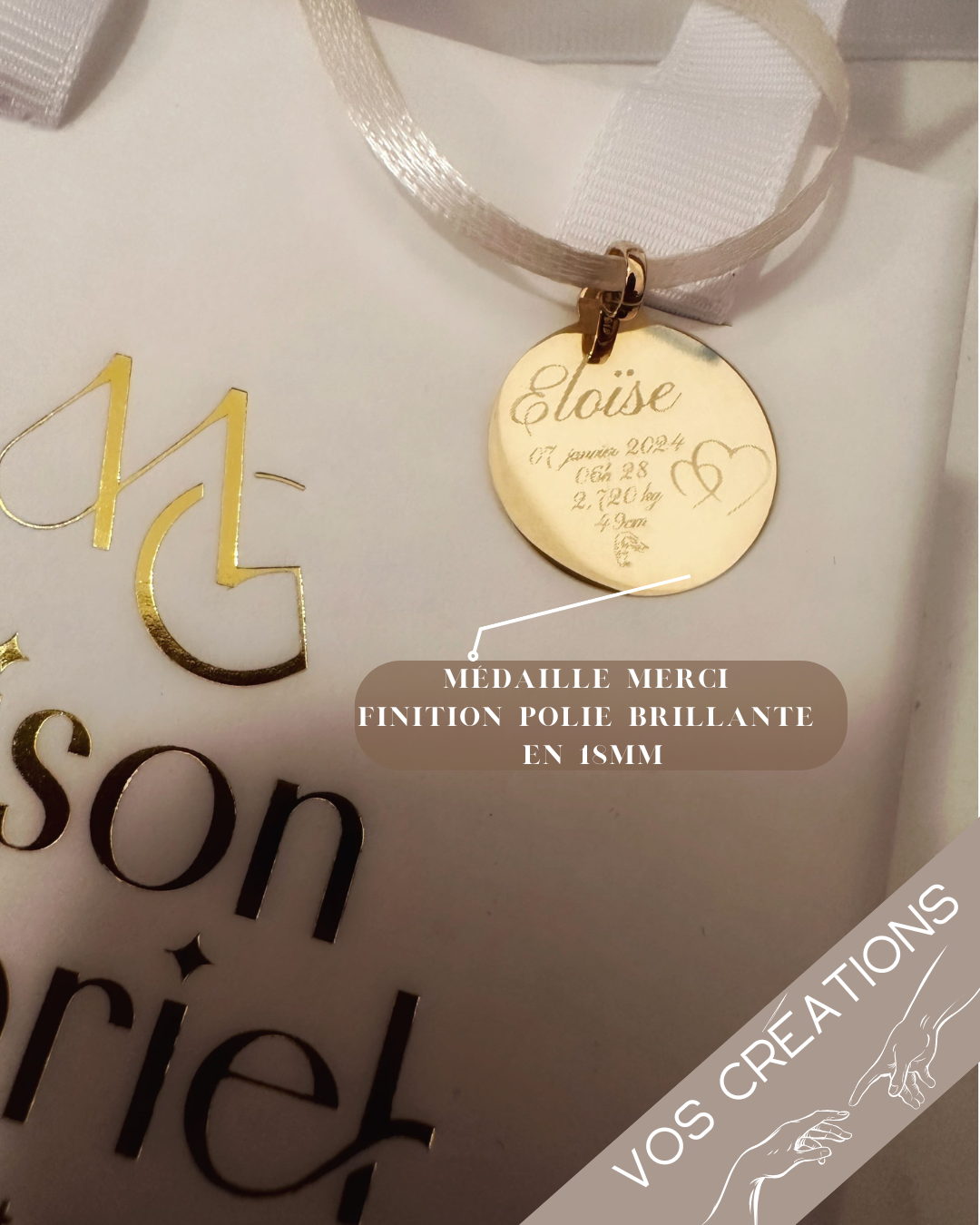 Médaille ou jeton "Merci" à graver, en or jaune 18 carats finition mate ou polie brillante