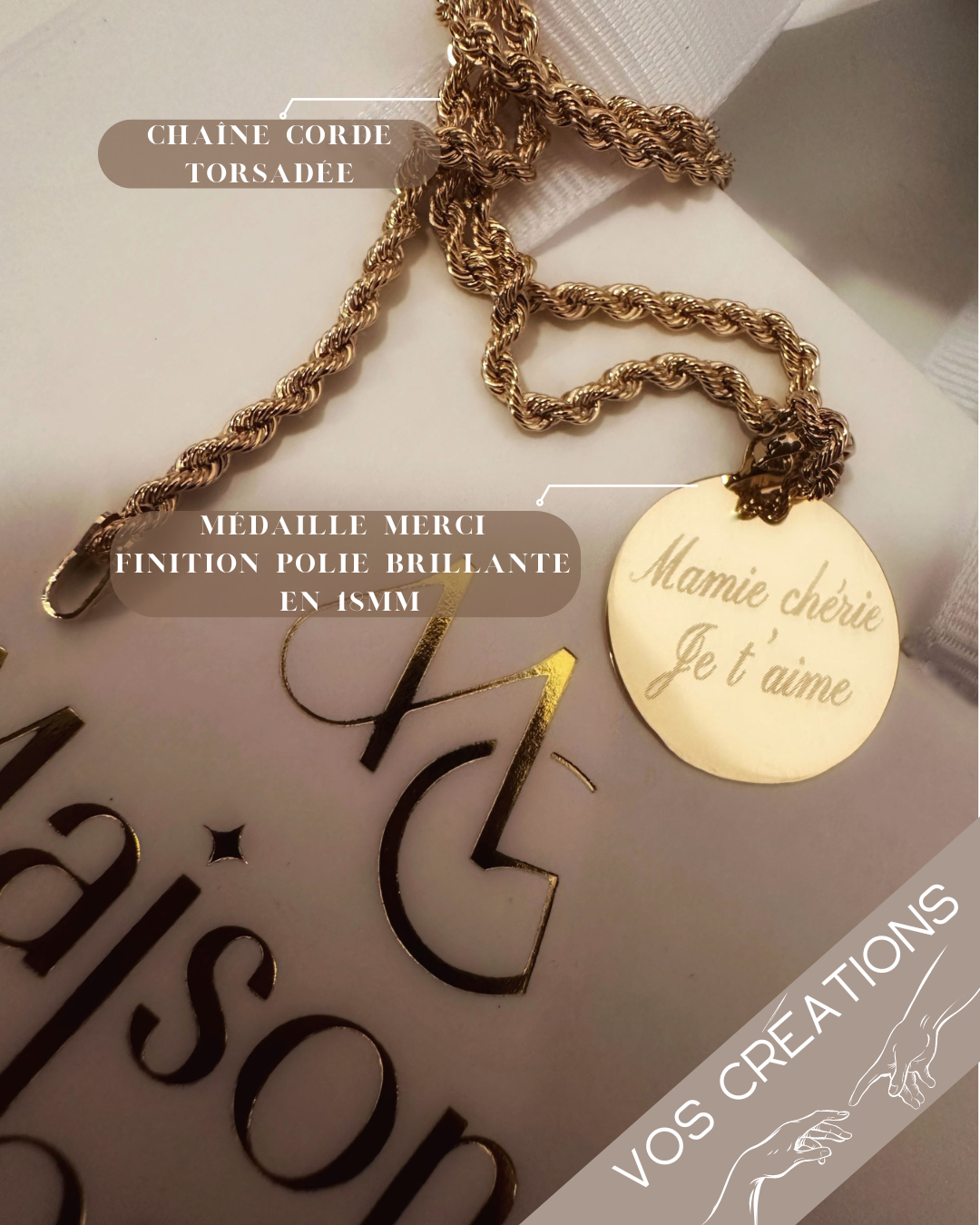 Médaille ou jeton "Merci" à graver, en or jaune 18 carats finition mate ou polie brillante