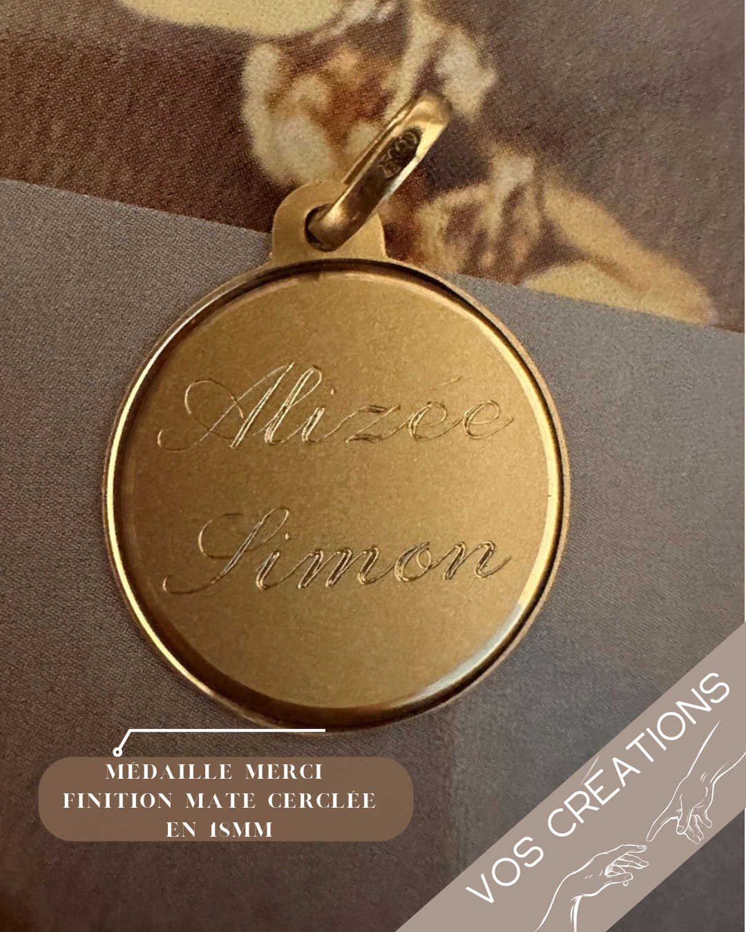 Médaille ou jeton "Merci" à graver, en or jaune 18 carats finition mate ou polie brillante