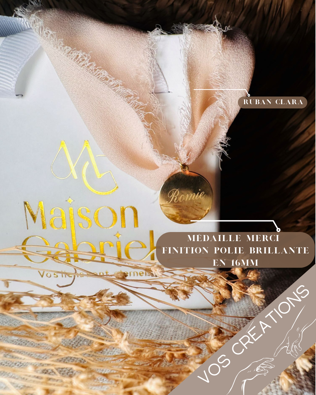 Médaille ou jeton "Merci" à graver, en or jaune 18 carats finition mate ou polie brillante