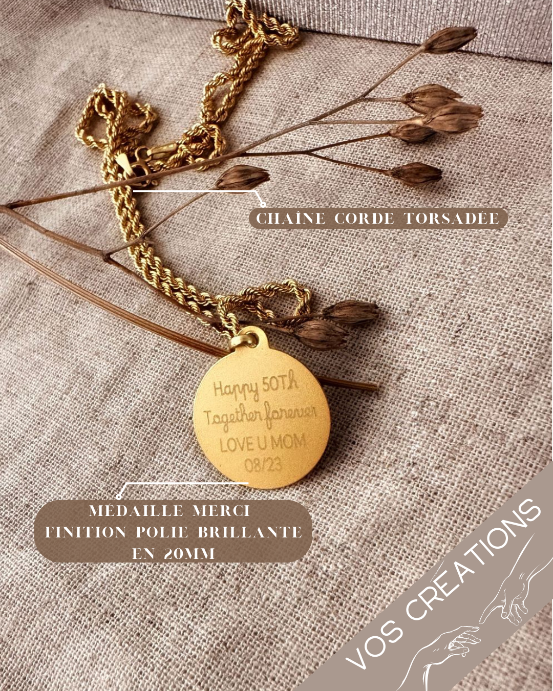Médaille ou jeton "Merci" à graver, en or jaune 18 carats finition mate ou polie brillante