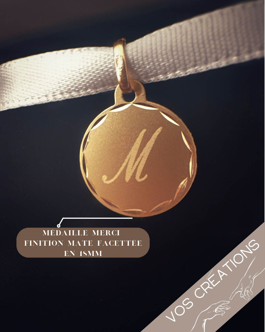 Médaille ou jeton "Merci" à graver, en or jaune 18 carats finition mate ou polie brillante