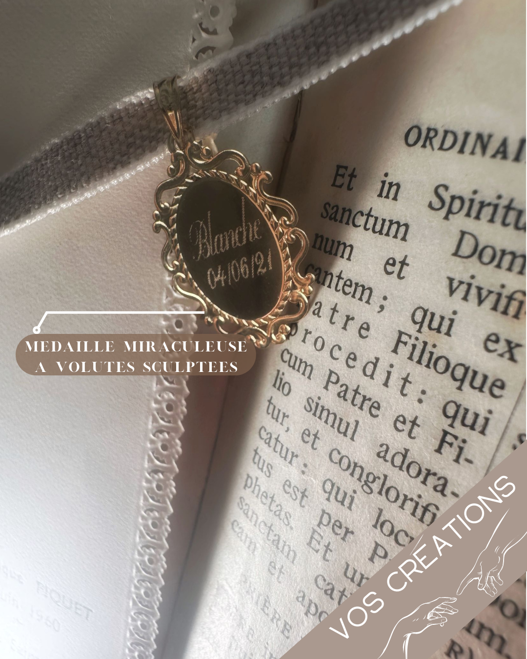 Médaille Miraculeuse à volutes sculptées et gravable en or jaune 18 carats