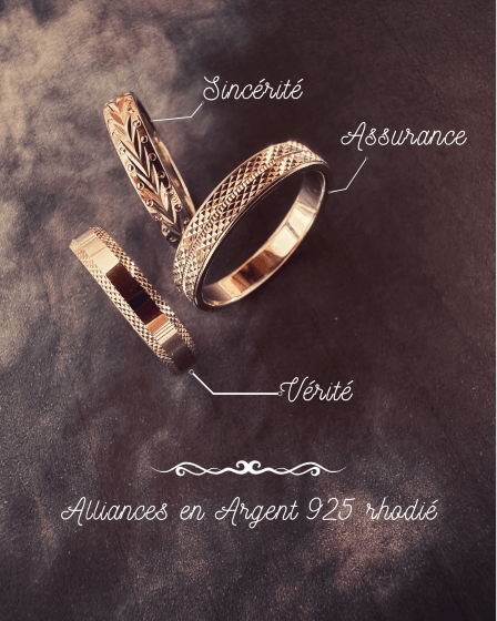 Alliance "Vérité" en argent 925 rhodié, gravable, bordures poinçonnées, finition polie et brillante - Maison Gabriel