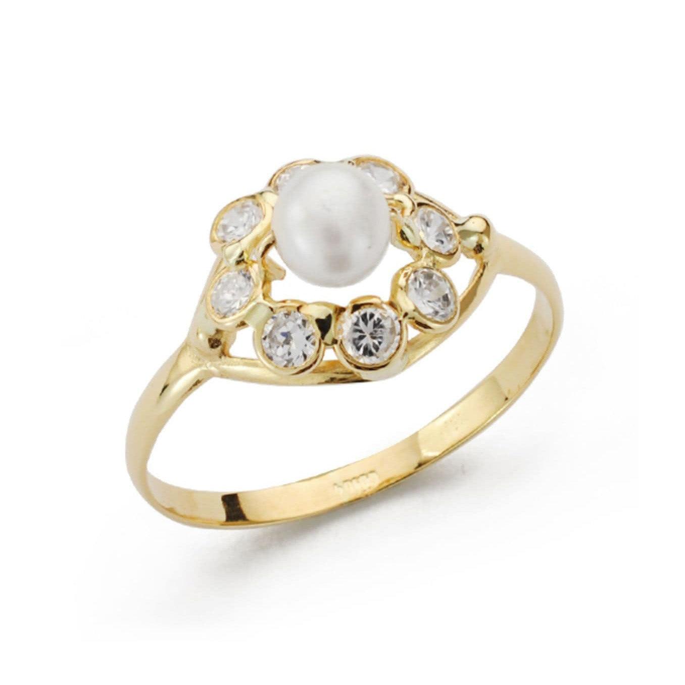 Bague "Promesse" en or jaune 18 carats avec perle de culture et pavage de diamants - Maison Gabriel