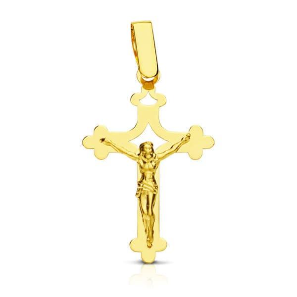 Croix "Christus" en or jaune 18 carats, finition polie brillante et triple fleur pleine - Maison Gabriel