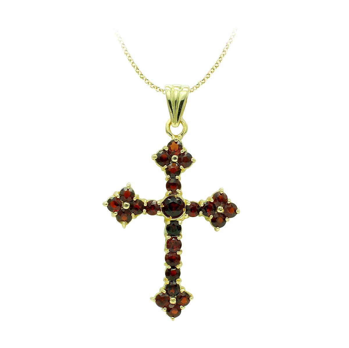 Croix "Hosanna" en or jaune 18 carats et pierres fines Grenat, finition triple fleur pleine - Maison Gabriel