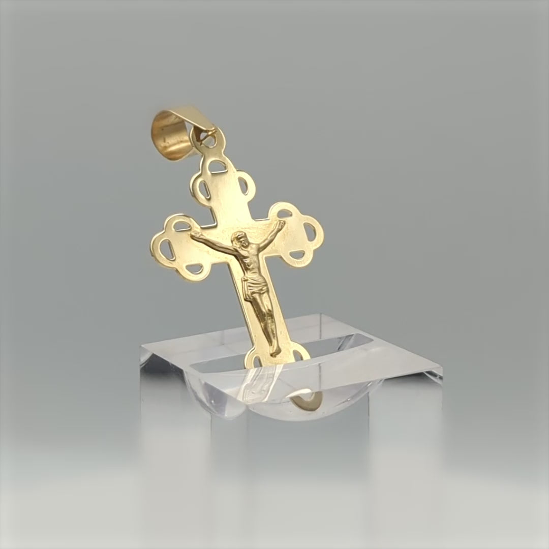 Croix "Verso l'alto" en or jaune 18 carats avec finition polie brillante et triple fleur ajourée